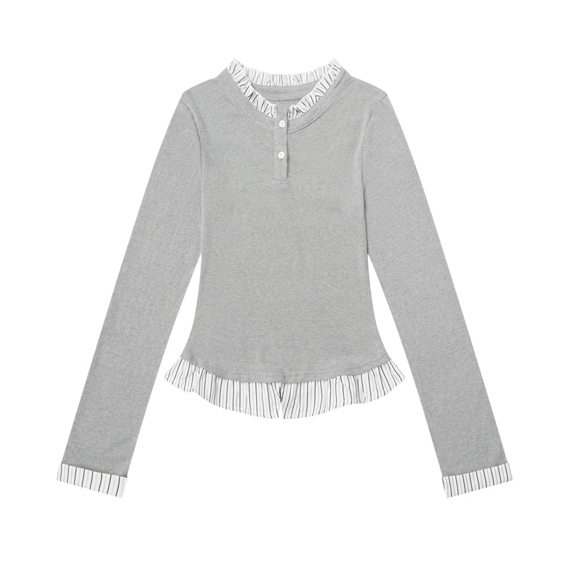 Striped Ruffle Slim Gray Long Sleeves