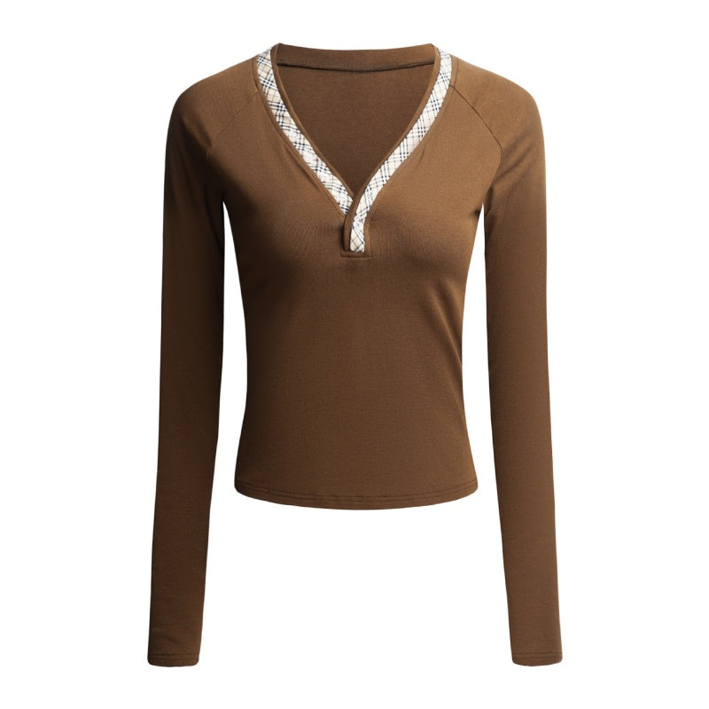 Checkered Slim-Fit V-Neck Kase Long Sleeve